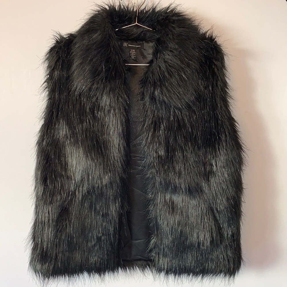INC International Concepts Faux Fur Black Sleeveless Jacket Vest- Small/Medium​